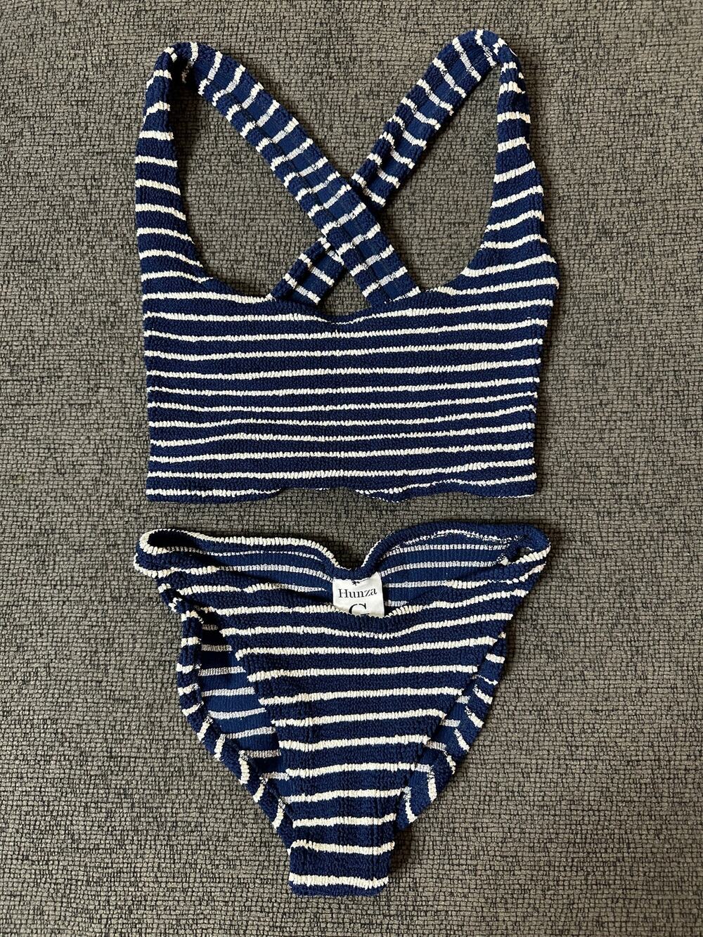 Hunza G London Xandra Bikini Set Navy White Crinkle Crisscross Back One Size